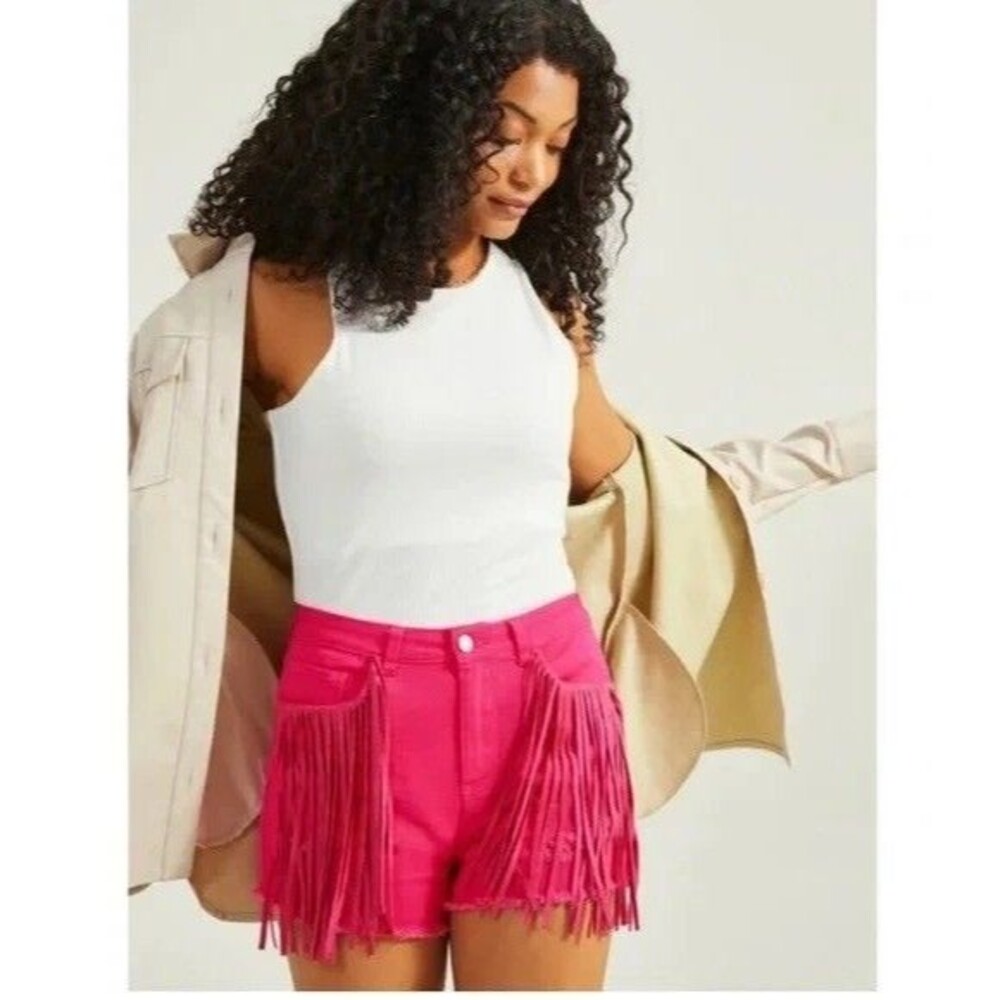 Altar'd State Medium Jean Shorts Hot Pink High Waisted Fringe Denim Distressed - Picture 2 of 10